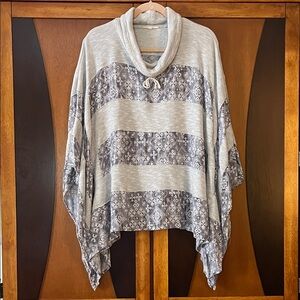 Easel Cowl Neck Gray & Grey Pattern Knit Poncho w/Armhole Seams & Sharkbite Hem